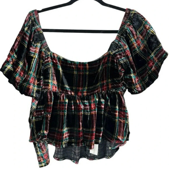 Plaid Velvet Bow Back Blouse Square Neckline w/ Puff Sleeve Baby Doll Top NWT - Picture 1 of 9